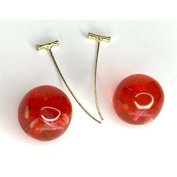 VTG Cherry Threader EARRINGS 2.25" Dangle Drop Red Flower Petal Acrylic Cherries - Picture 4 of 5